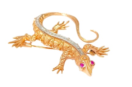 Signed ZK 585 Diamond Encrusted Ruby Eyed Lizard Pin European Hallmark