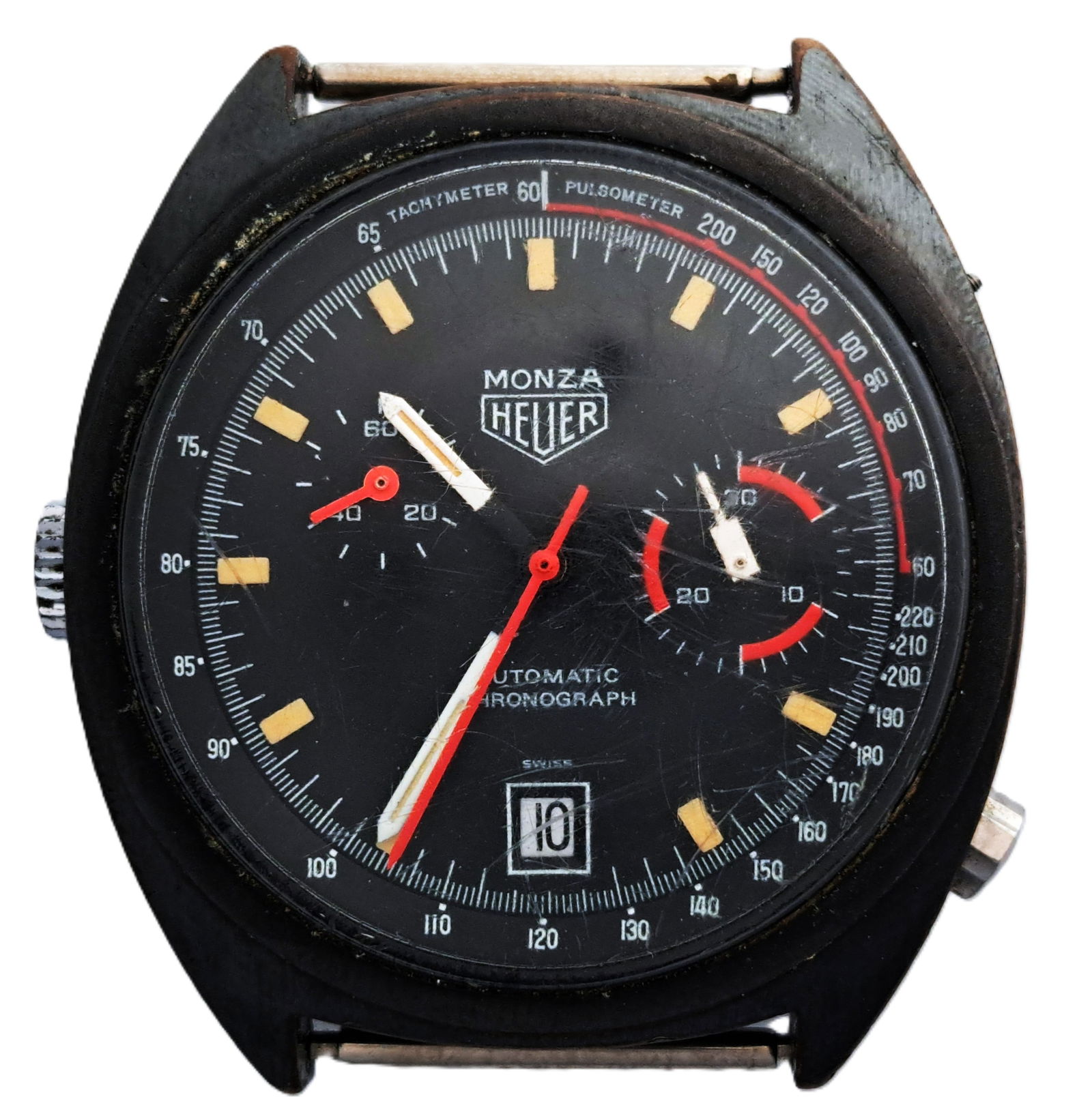 Red Monza Heuer Chronograph 150.501 Mens Automatic Wrist Watch Black Dial Date (1 of 6)