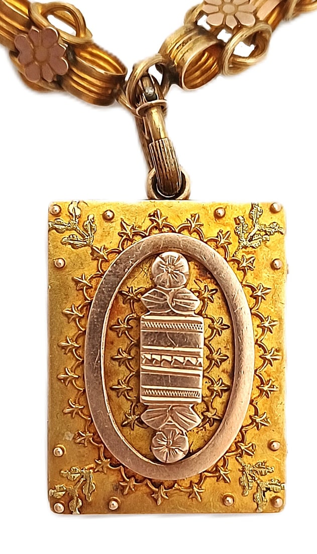 Abnormally Large Rose and Yellow Victorian Locket Antique Necklace 1880s: Described & Photographed By: Rafe HFA NODD 69214 Title: Abnormally Large Rose and Yellow Victorian Locket Antique Necklace 1880s Description:Abnormally Large rose and Yellow Victorian Locket Necklace