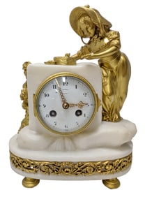 Bailey Banks Biddle French Antique Dore Bronze Mounted Alabaster Desk Mantel Clock Gilt Female Bird