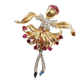 Exquisite 1940s Platinum Top 18k Gold Natural Ruby Fine Diamond Ballerina Dancer Large Clip Brooch