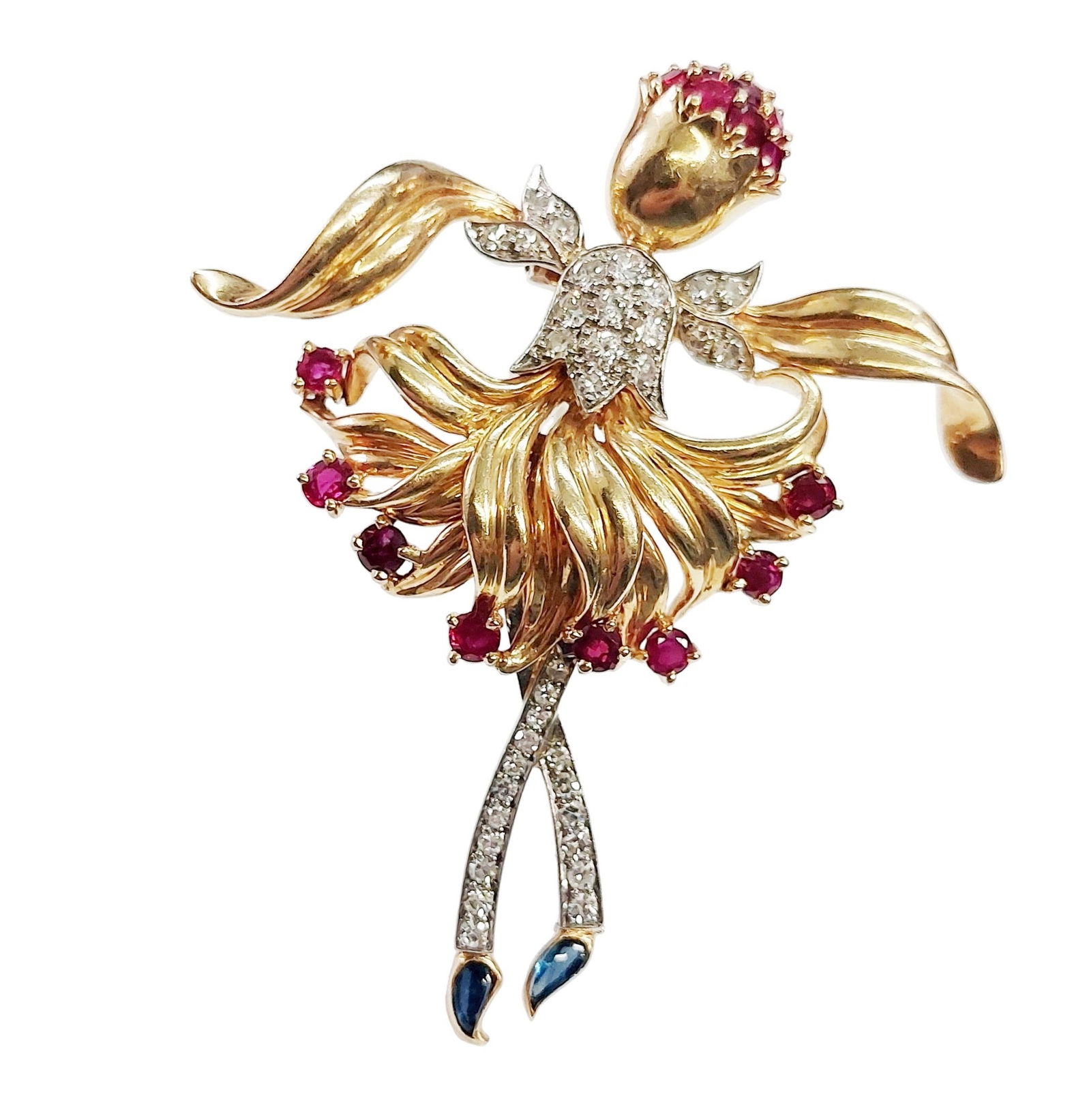 Exquisite 1940s Platinum Top 18k Gold Natural Ruby Fine Diamond Ballerina Dancer Large Clip Brooch: Title: Exquisite 1940s Platinum Top 18k Gold Natural Ruby Fine Diamond Ballerina Dancer Large Clip Brooch Description: A whimsical yet elegant figural dancer / ballerina brooch that is extremely well-