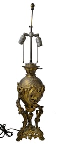 Antique Continental Bronze Table Lamp Rocaille Repousse Oil Conversion 32.75 Inches Overall