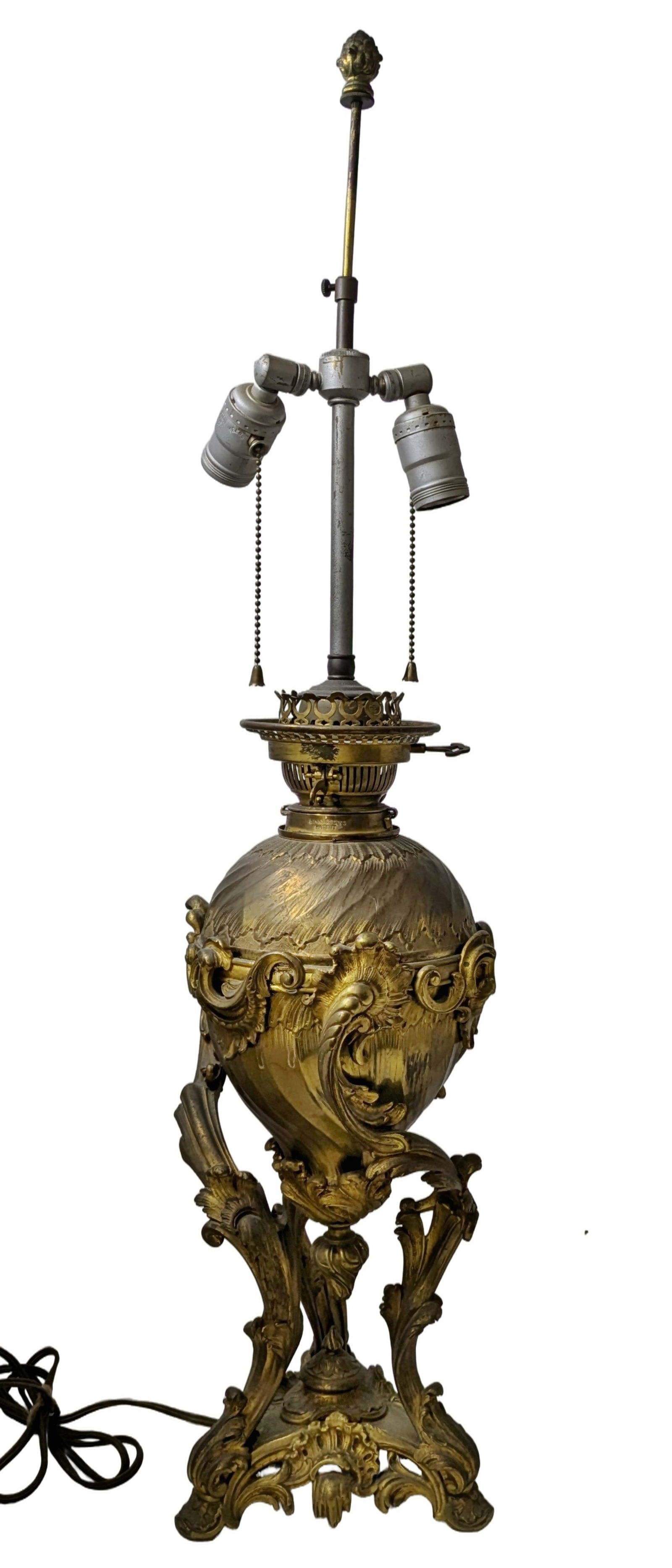 Antique Continental Bronze Table Lamp Rocaille Repousse Oil Conversion 32.75 Inches Overall (1 of 16)