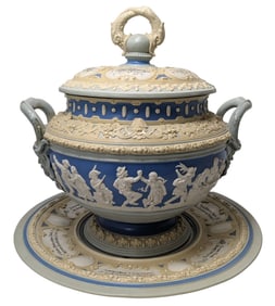 Large Mettlach Lidded Punch Bowl and Tray Villeroy Boch Decorated Stoneware 208796 Etc Stamps Marks