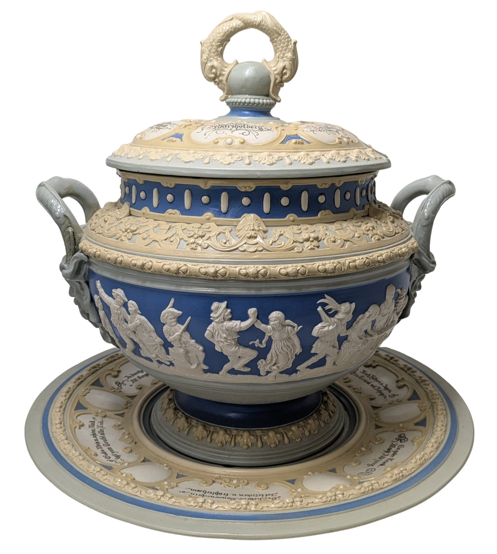 Large Mettlach Lidded Punch Bowl and Tray Villeroy Boch Decorated Stoneware 208796 Etc Stamps Marks: Described By:Dillon CNX VX 0334 1077 Title:Large Mettlach Lidded Punch Bowl and Tray Villeroy Boch Decorated Stoneware 208796 Etc Stamps Marks Lid Repair Description: Large Mettlach Lidded Punch Bowl