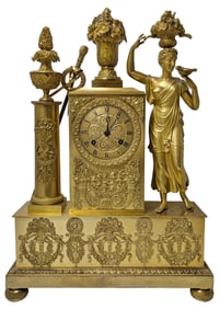 Heavy Antique French Dore Bronze Gilt Neoclassical Mantel Clock Figural Allegorical Woman Goddess