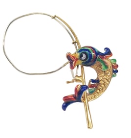 Whimsical 18k Gold Enamel Fish on Fishing Line Signed KG Italian Made Pin Brooch