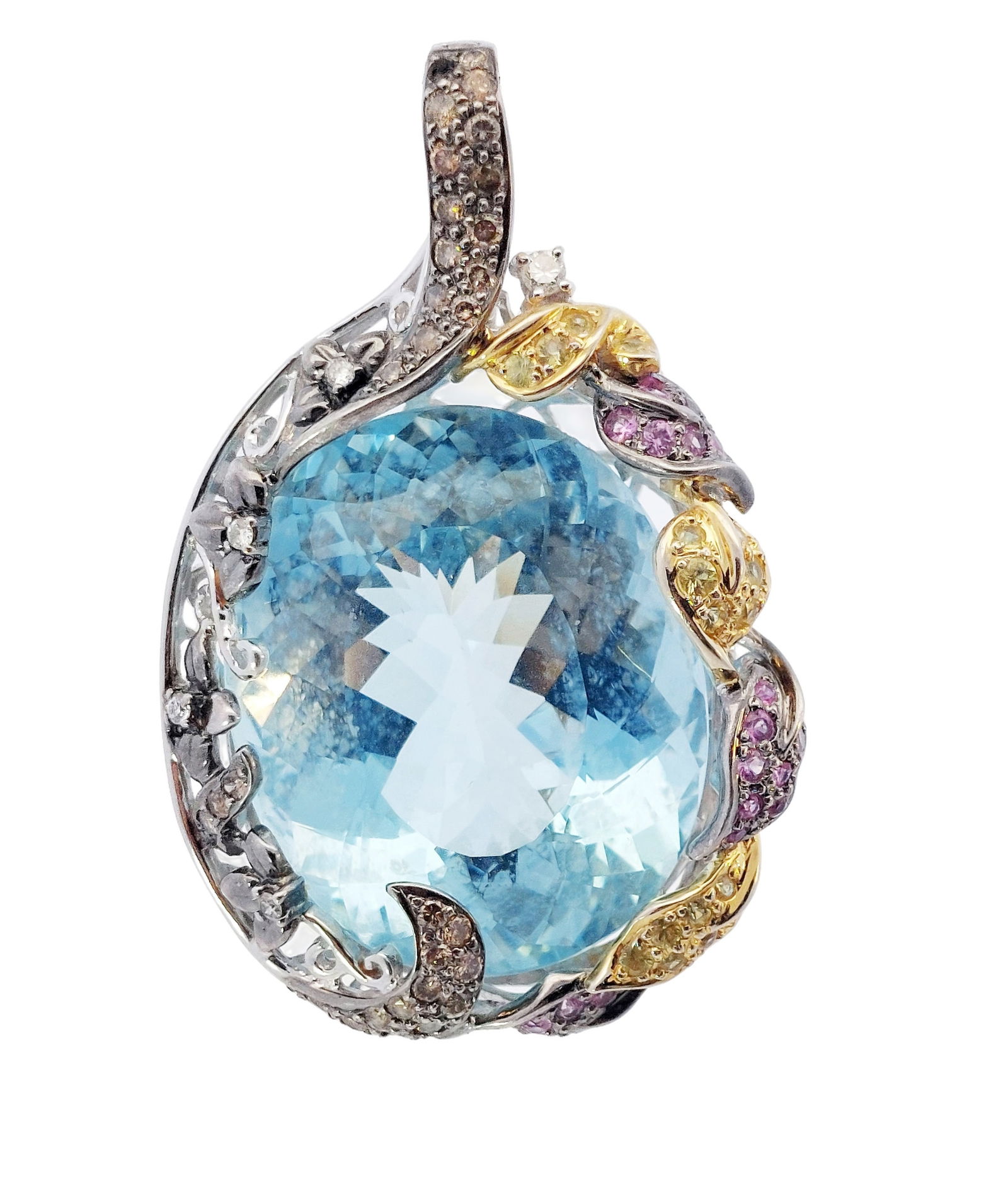 Approx 50ct Natural Aquamarine Cleverly Mounted in 18k White Gold Basket w/ Diamonds Ruby & Sapphire: Title: Approx 50ct Natural Aquamarine Cleverly Mounted in 18k White Gold Basket w/ Diamonds Ruby & Sapphire Description: An impressive size natural aquamarine gemstone that is showcased in a fancy 18k