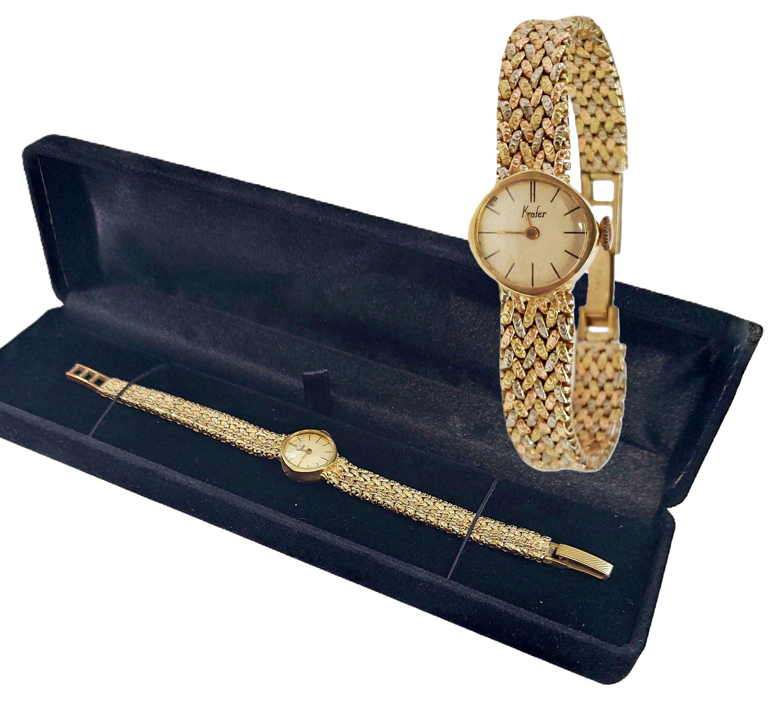 Ca. 1960s Tri Color 14k Yellow White Rose Gold Ladies Vintage Fashion Watch 25.3 grams w/ Box: Title: Ca. 1960s Tri Color 14k Yellow White Rose Gold Ladies Vintage Fashion Watch 25.3 grams w/ Box Description: A midcentury fashion watch featuring a beautiful tri-color, woven link, 14k gold