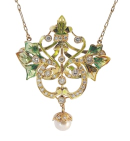 Stunning 14k Gold Enamel 1.25ctw Diamond Akoya Pearl Art Nouveau Revival Vintage Dangle Necklace