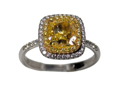 CMB GIA 2.01ct Fancy Light Yellow Double Halo Natural Diamond 18K White Gold Ring