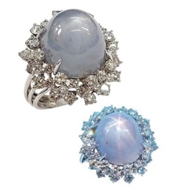 40ct Blue Natural Star Sapphire 3ctw Fine Diamond Halo 18k White Gold Midcentury Ring