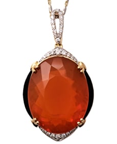 Huge 18.9ct Natural Fire Opal Diamond Black Enamel 14k Gold Oscar Friedman Necklace