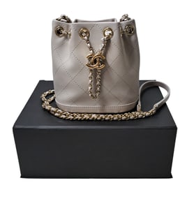 Chanel Gray Quilted Calfskin Mini Drawstring Bucket Bag Gold Hardware Signed Numbered 2019