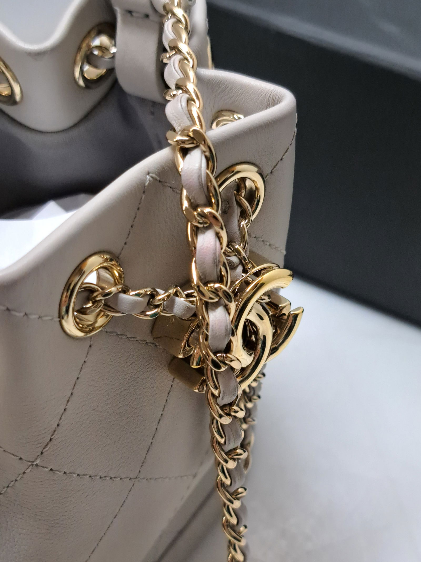 Chanel Gray Quilted Calfskin Mini Drawstring Bucket Bag Gold Hardware Signed Numbered 2019 - 6