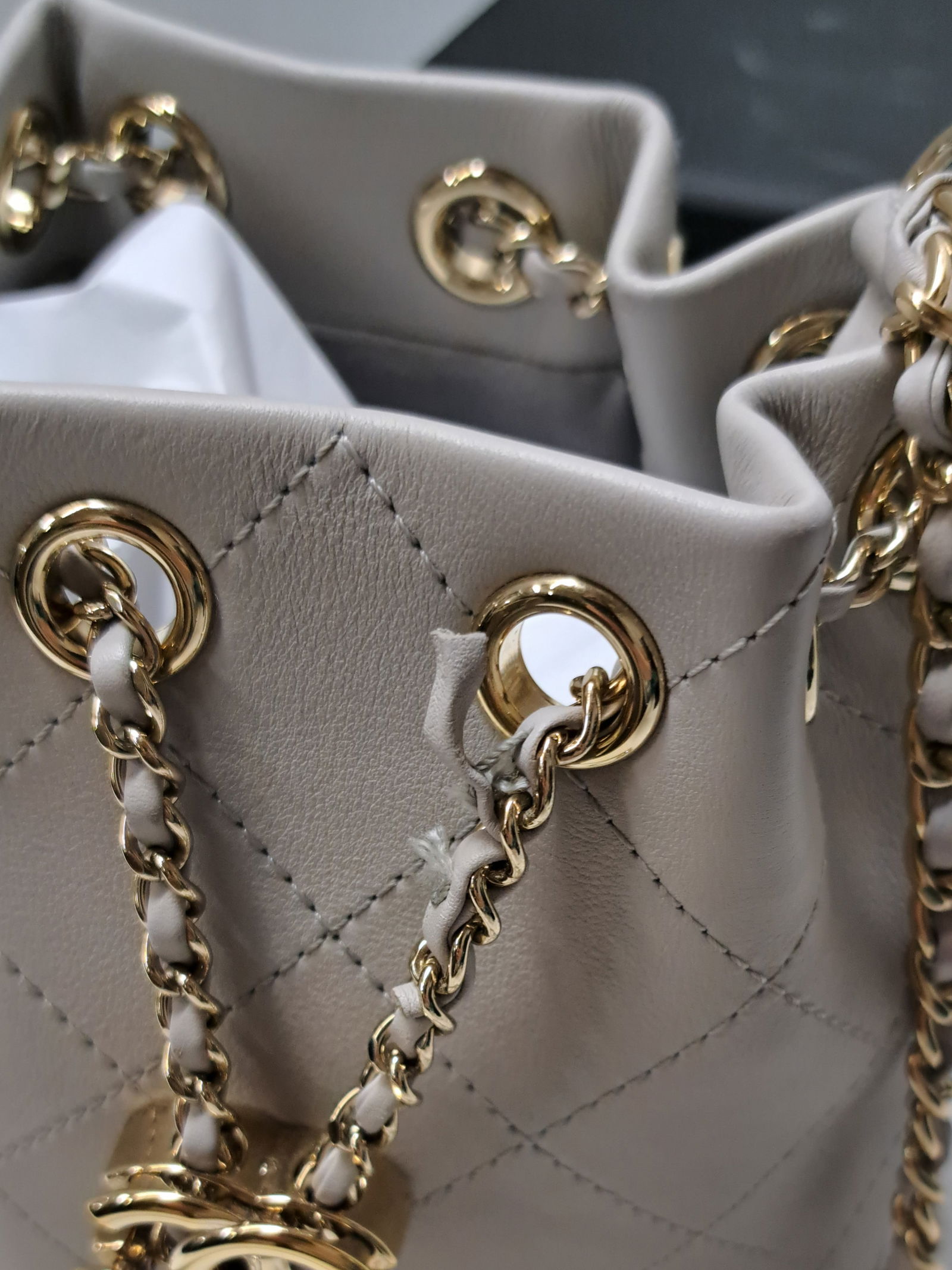Chanel Gray Quilted Calfskin Mini Drawstring Bucket Bag Gold Hardware Signed Numbered 2019 - 8