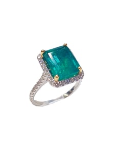 18k Two Tone 4.82ct Large Octagonal Step Faceted Cut Emerald Halo Diamond Ring Size 6.25 GIA Report