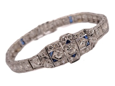 Stunning Art Deco Natural Sapphire Fine Old Euro Diamond Approx 5CT Filigree Bracelet