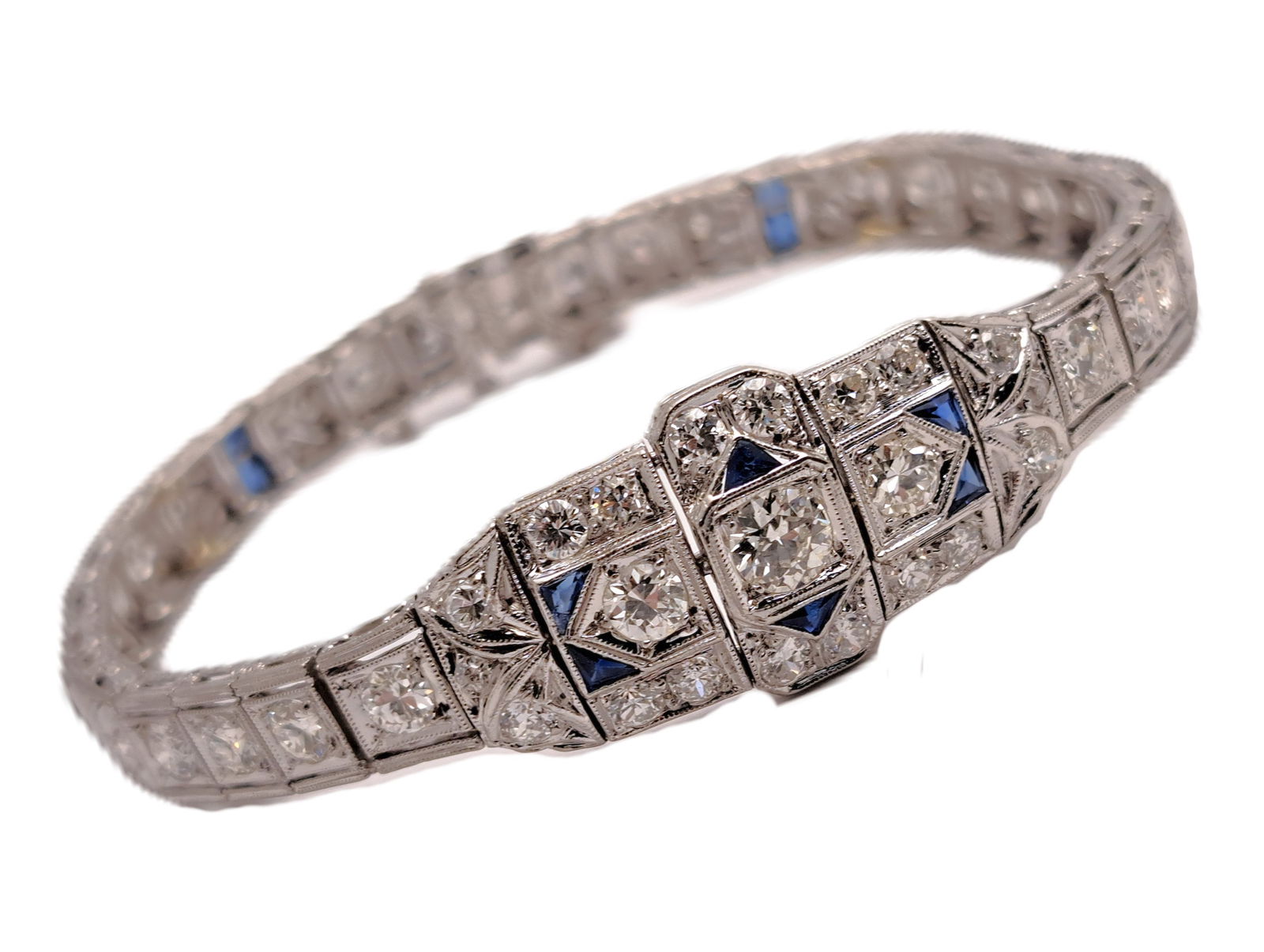 Stunning Art Deco Natural Sapphire Fine Old Euro Diamond Approx 5CT Filigree Bracelet (1 of 4)