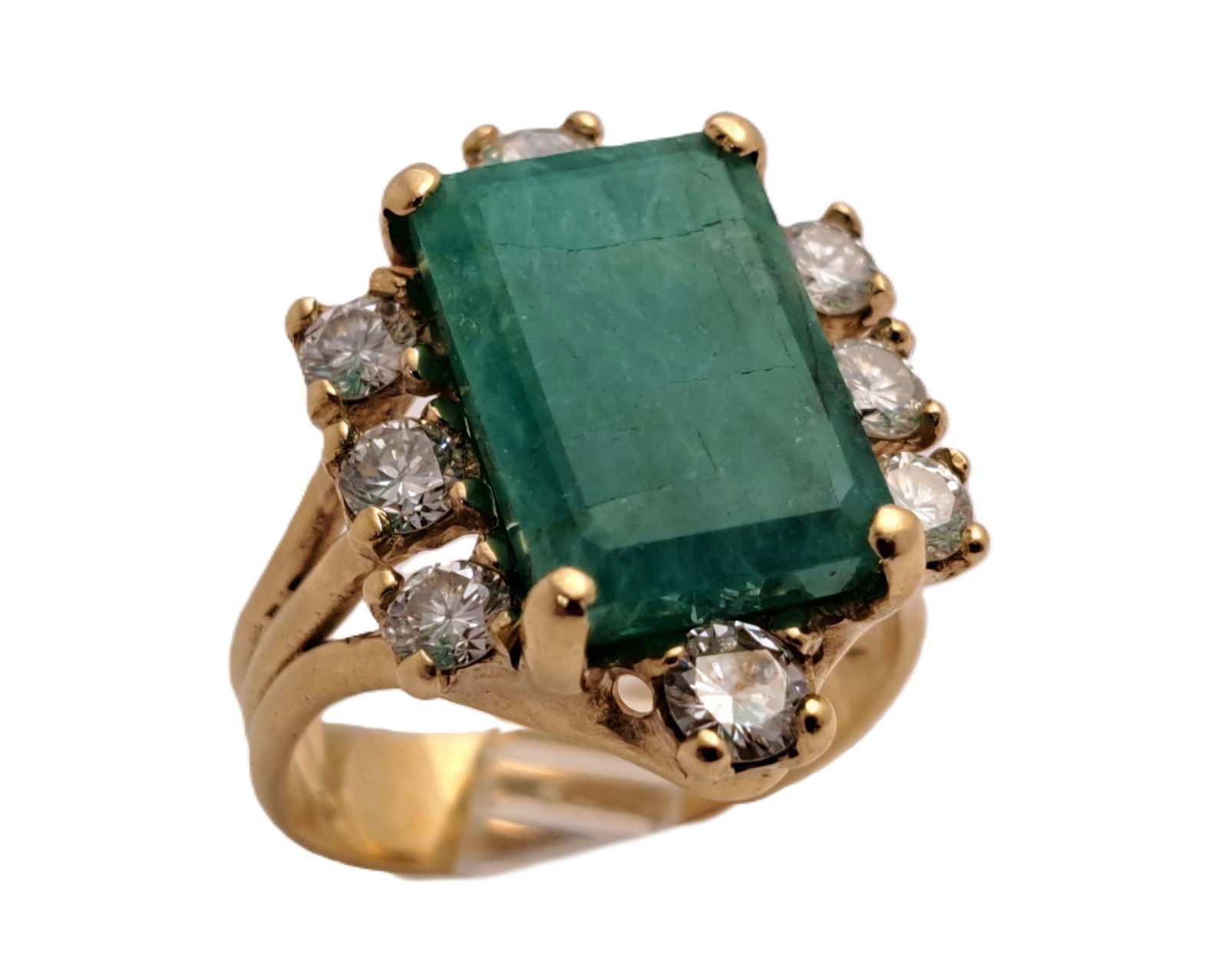 Vintage Natural Emerald Unusual Cabochon Fine Diamond Brutalist 14K Gold Ring (1 of 4)