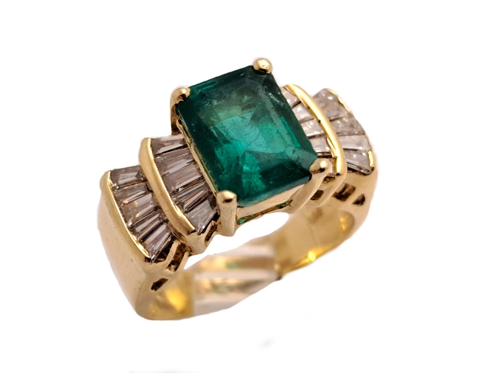 Mid Century Natural Emerald Fine Baguette Diamond 14K Gold Fashion Ring (1 of 4)