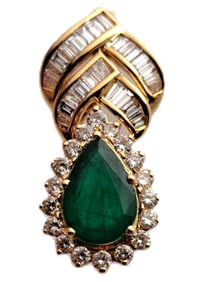 Vintage 18K Gold Natural Pear Emerald Fine Diamond Halo Baguette Enhancer Pendant