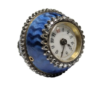 Antique 18K Gold Platinum Working Blue Enamel Rose Cut Diamond Plateau Orb Pendant Watch 49246