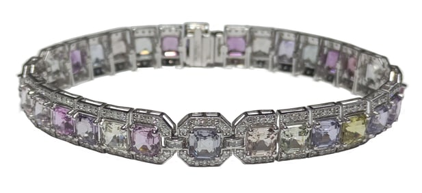 Oscar Friedman 24.41ctw Octagonal Multicolored Natural Sapphire Diamond 900 Platinum Bracelet GIA