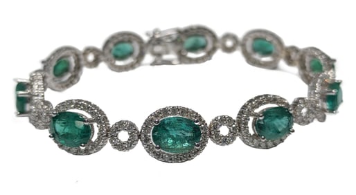 14K White Gold 14.49ctw Natural Emerald Genuine Diamond Tennis Bracelet 7in