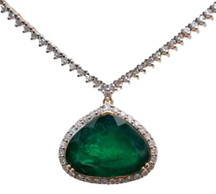 Massive GIA 15ct Natural Emerald 6.3ctw Diamond Oscar Friedman Platinum Two Tone Necklace