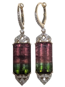 Oscar Friedman 14K Gold 26.79ctw Natural Watermelon Tourmaline Diamond Dangle Earrings