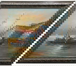 Max Savy Sunset Harbor Oil 24x20 Inch Signed Painting New England Rockport Gloucester Influence