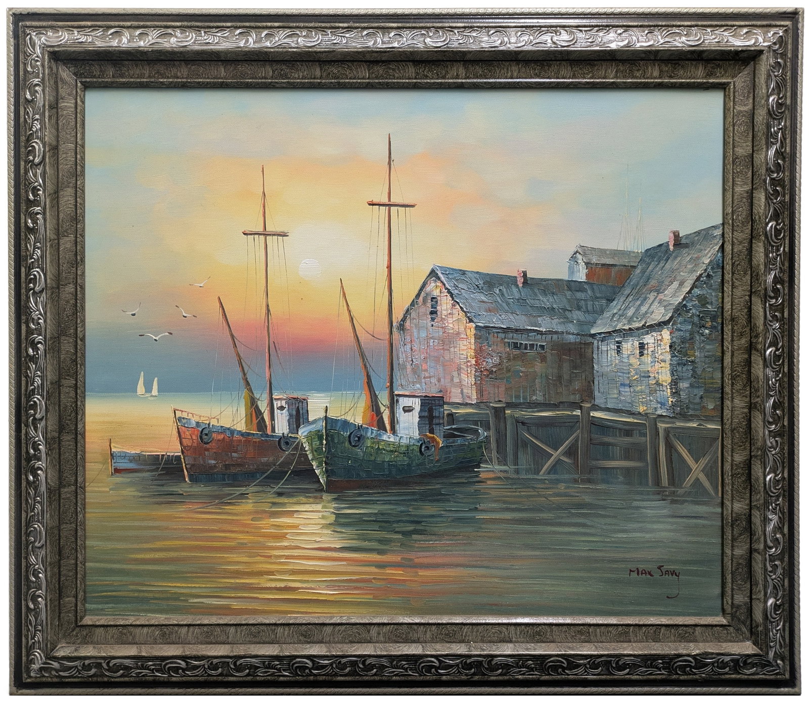 Max Savy Sunset Harbor Oil 24x20 Inch Signed Painting New England Rockport Gloucester Influence (1 of 5)