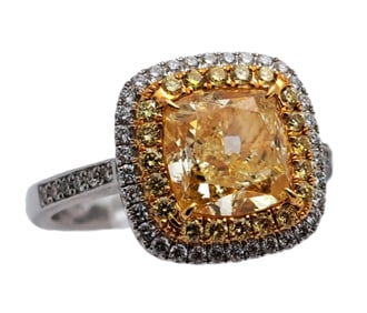 GIA 3ct Fancy Yellow Diamond Cushion Double Halo 18k Gold Engagement Ring w Appraisal