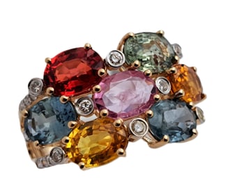 6ctw Natural Multi Color Sapphire Diamond Oscar Friedman 14k Yellow Gold Ladies Ring