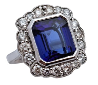 Oscar Friedman Gem Quality 7.3ct Tanzanite 1ct Fine Diamond Halo Platinum Cocktail Ring
