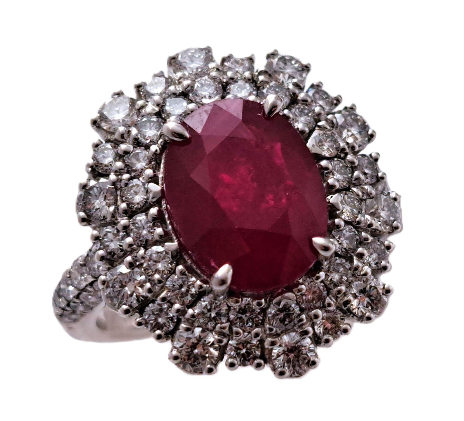 Oscar Friedman GIA Natural 4.9ct Burma Ruby Fine Diamond Halo Platinum Cocktail Ring: Described & Photographed By: AF HFA 0378 1154 Title: Oscar Friedman GIA Natural 4.9ct Burma Ruby Fine Diamond Halo Platinum Cocktail Ring Description:Oscar Friedman GIA Natural 4.9ct Burma Ruby Fine