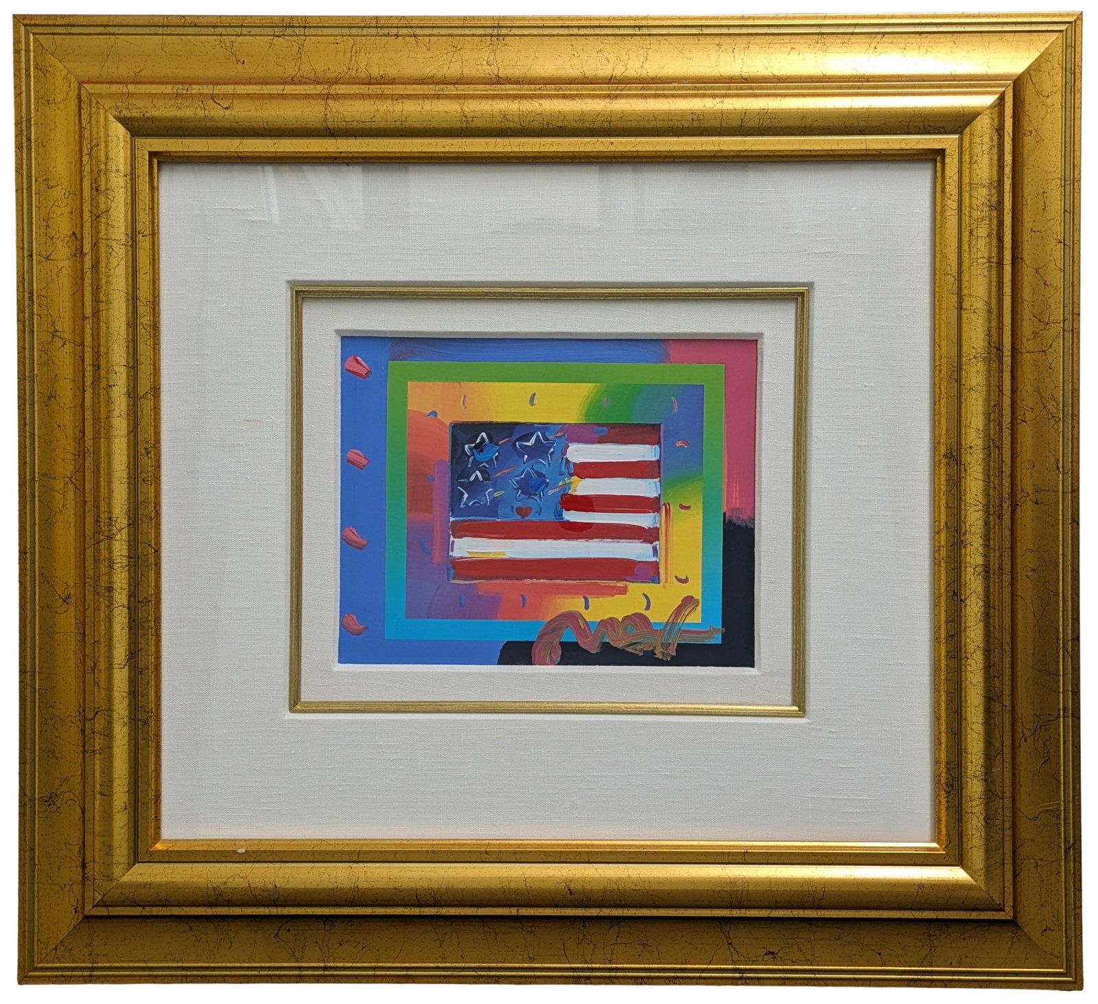 Original Peter Max Flag with Heart on Blends Mixed Media Acrylic on Paper 9.25 x 7.25 Inch Painting: Described By:Dillon CNX 0384 1206 Title:Original Peter Max Flag with Heart on Blends Mixed Media Acrylic on Paper 9.25 x 7.25 Inch Painting Description: Original Peter Max Flag with Heart on Blends Mi