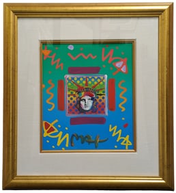 Original Peter Max Liberty Head II Collage Mixed Media Acrylic on Paper Painting