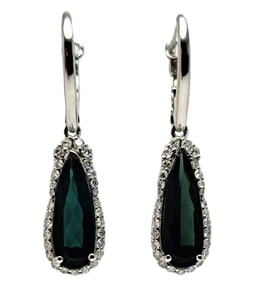 Platinum Bluish Green Tourmaline Diamond Halo Teardrop Dangle Drop Oscar Friedman Earrings w Apprais