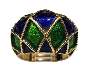Vintage Tiffany & Co. 18k Gold Green Blue Honeycomb Dome Enamel Ring