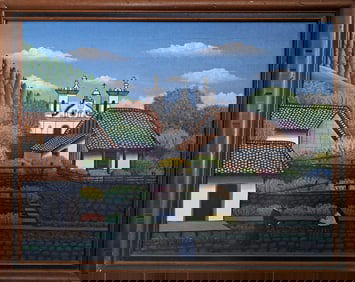 Tulio Velasquez Honduras Village Scene Folk Art Landscape City Oil Painting on Canvas