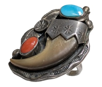 James Toadlena Navajo Fine Silver Natural Coral Turquoise Native American Signed Ring