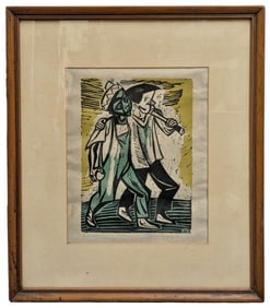 Irving Amen Pencil Signed Playmates Colored Woodcut on Paper Midcentury Print