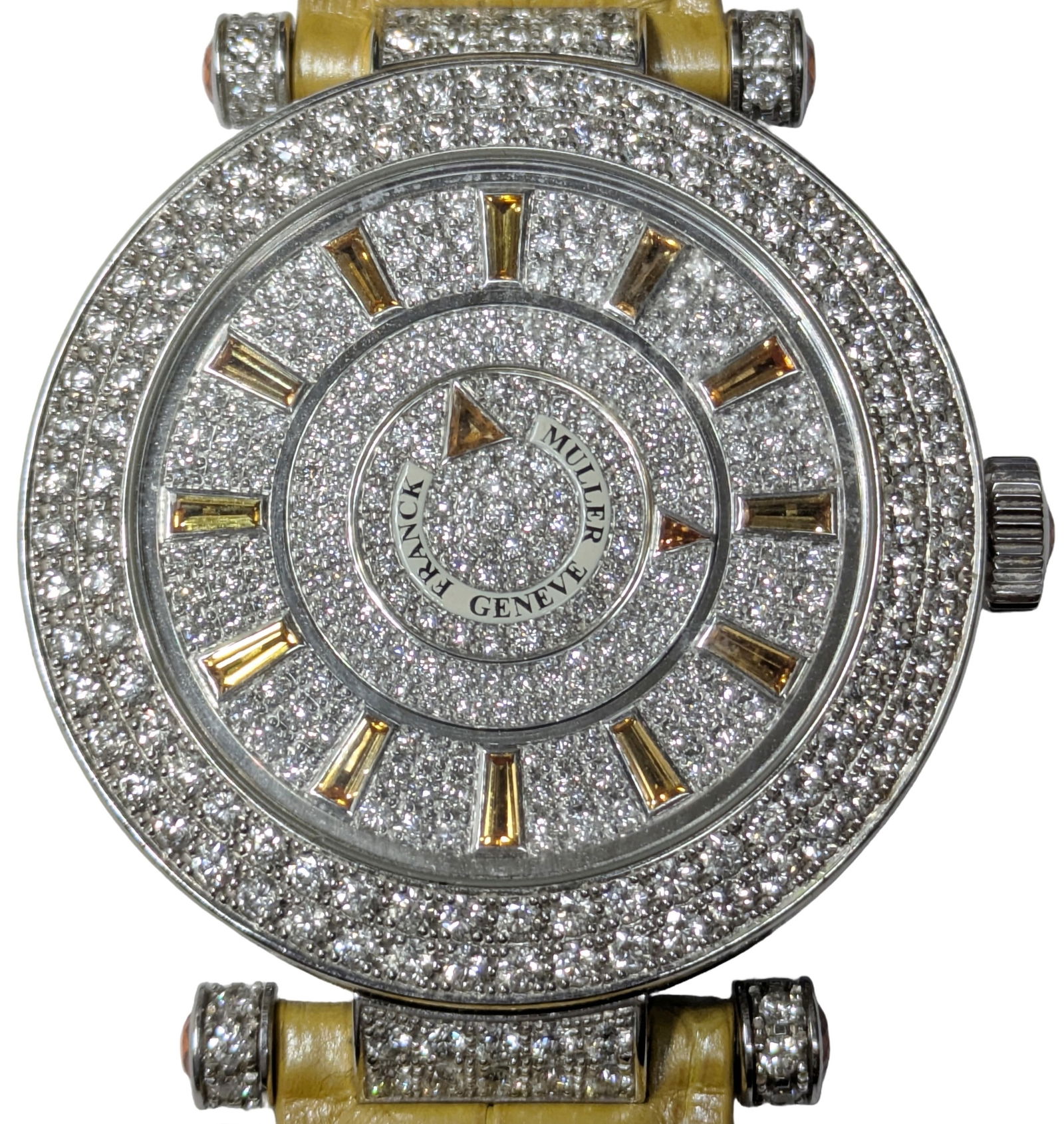 Exceedingly Rare 18K Gold Diamond Franck Muller 6.55ctw Unisex Double Mystery Watch Box Papers: Described By:Dillon CNX 0383 1203 Title:Exceedingly Rare 18K Gold Diamond Franck Muller 6.55ctw Massive Unisex For Women Double Mystery Watch Box Papers Description: Exceedingly Rare 18K Gold