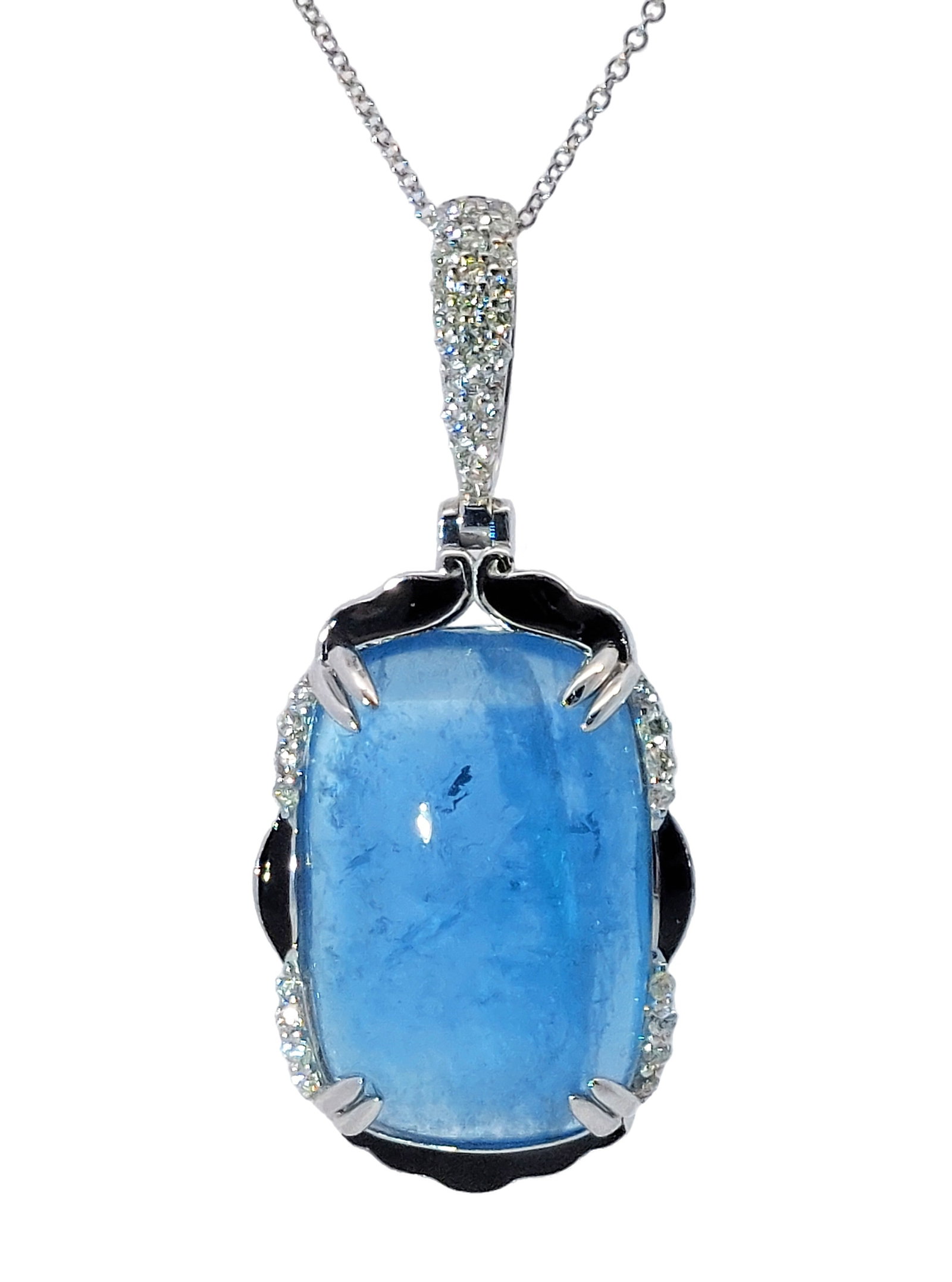 Oscar Friedman 14.63ct Intense Blue Aquamarine 14k White Gold Diamond Pendant on Chain w/ Appraisal: Title: Oscar Friedman 14.63ct Intense Blue Aquamarine 14k White Gold 0.24ctw Diamond & Enamel Pendant on Chain w/ Appraisal Description: An attractive 14k white gold & diamond pendant that features