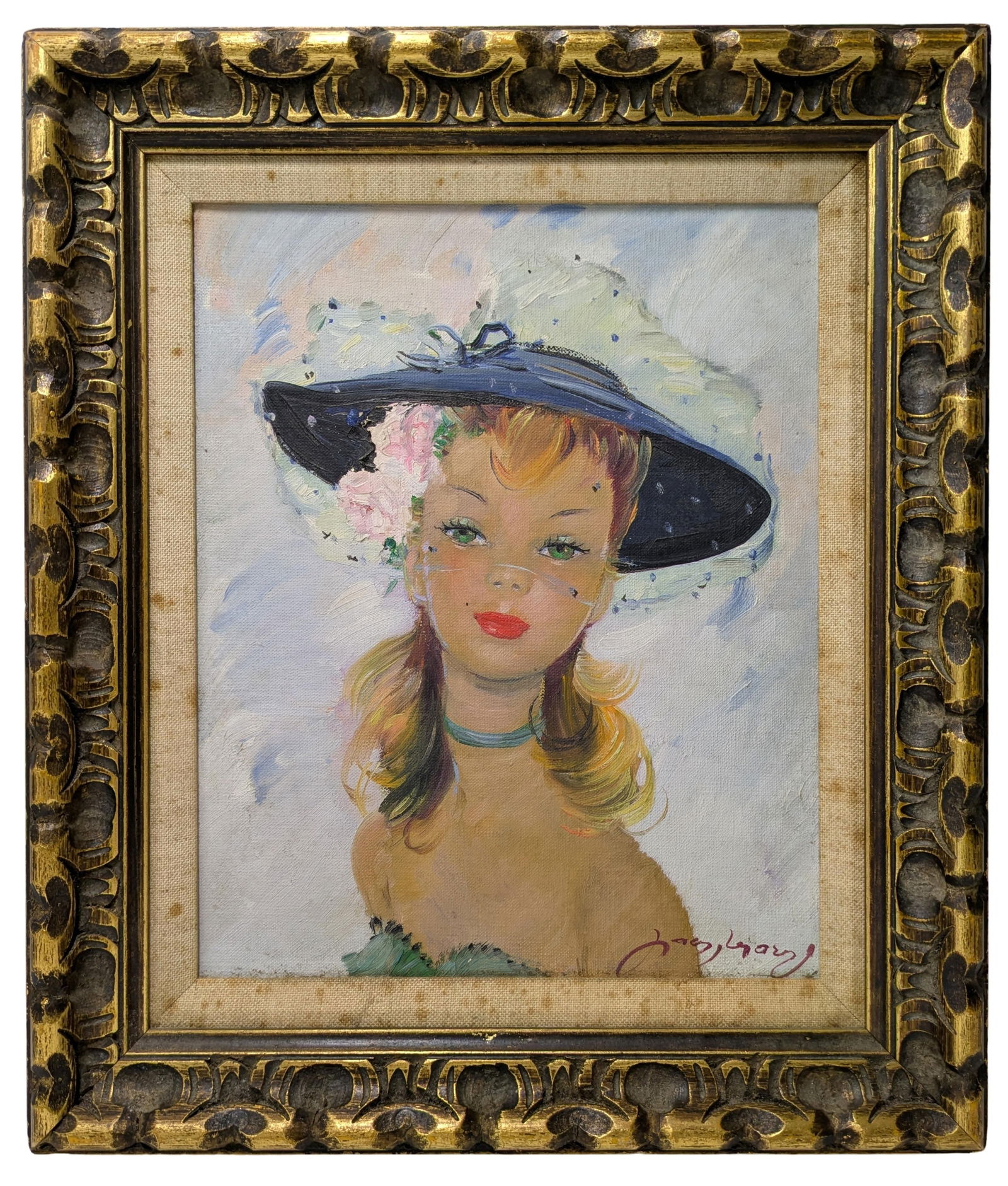 French Signed Parisienne Young Lady Couture Portrait Pinup Tradition Oil on Canvas Painting Manner (1 of 6)