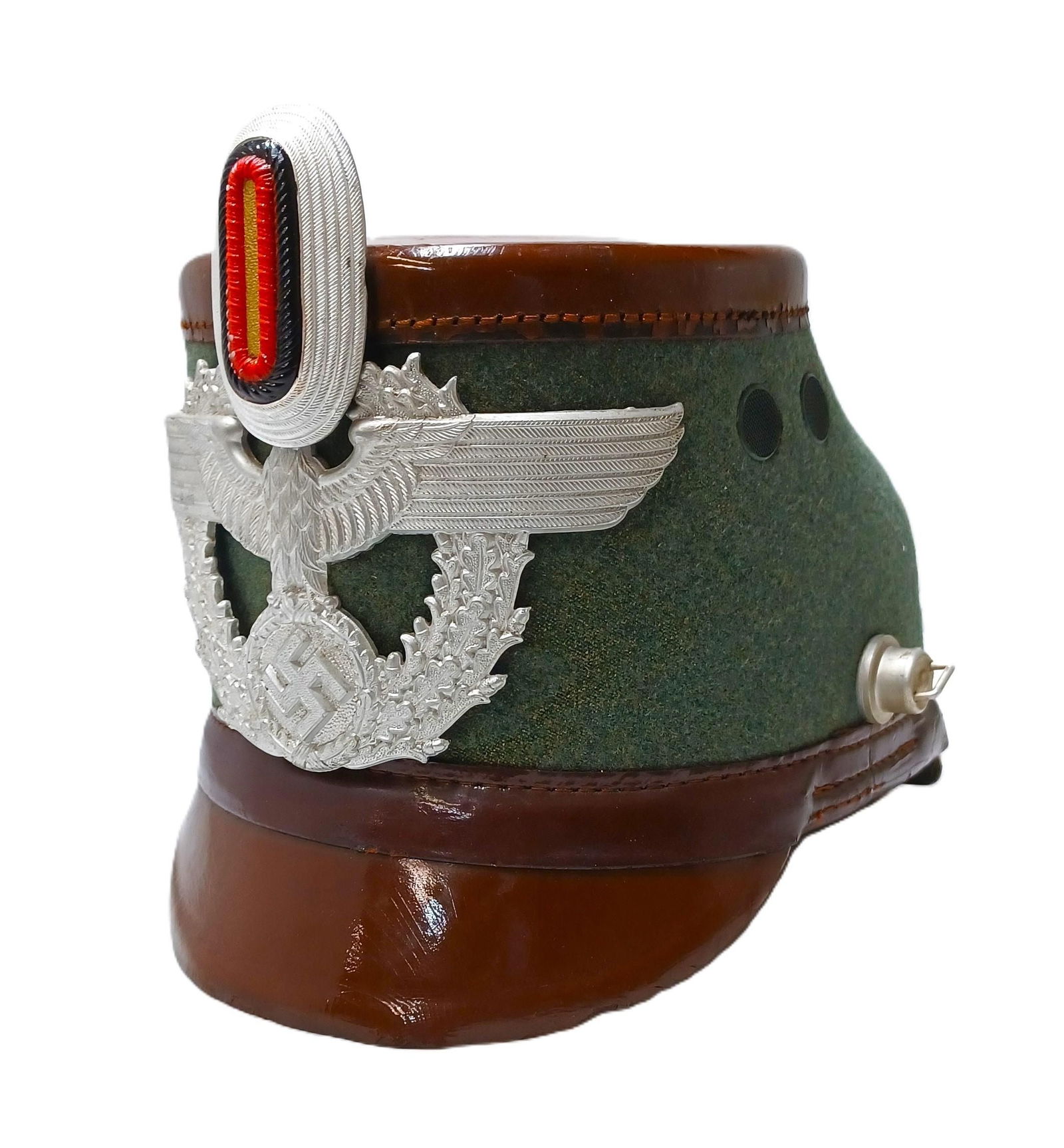 German WW2 Era Police Shako Helmet: Described by: Rafe CNX 0355 1000 Title: German WW2 Era Police Shako Helmet Description: German WW2 Era Police Shako Helmet Incorrect Emblem/ Finial. Finial Replacement. Stam