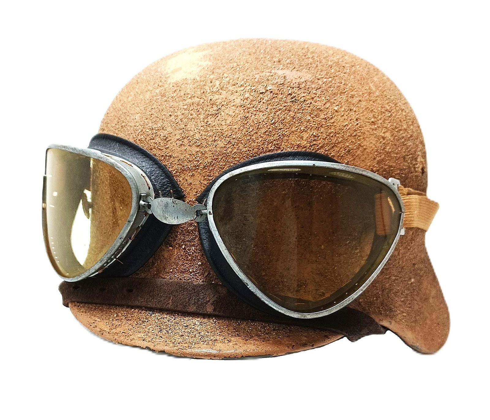 Afrika Korp Helmet Desert Camo w/ Italian Made Goggles: Described by: Rafe CNX 0355 0995 Title: Afrika Korp Helmet Desert Camo w/ Italian Made Goggles Description: Afrika Korp Helmet Desert Camo w/ Italian Made Goggles. Goggles have German eagle s